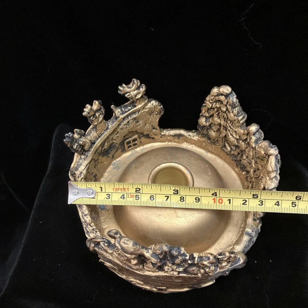 Vintage Christmas Santa Sleigh & Reindeer Bronze Tone Resin Table Candle Holder
